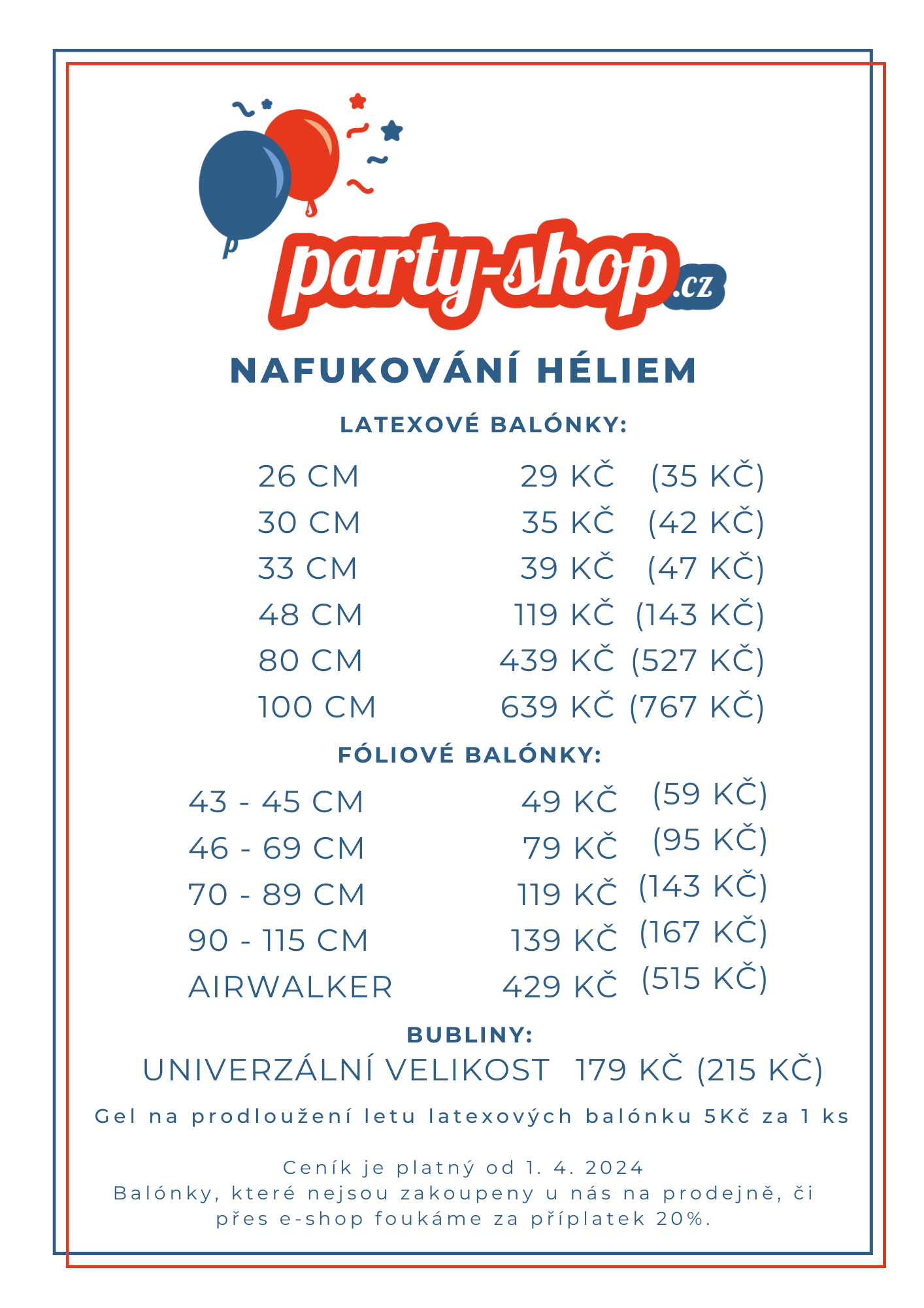 Ceník foukání heliem party eshop