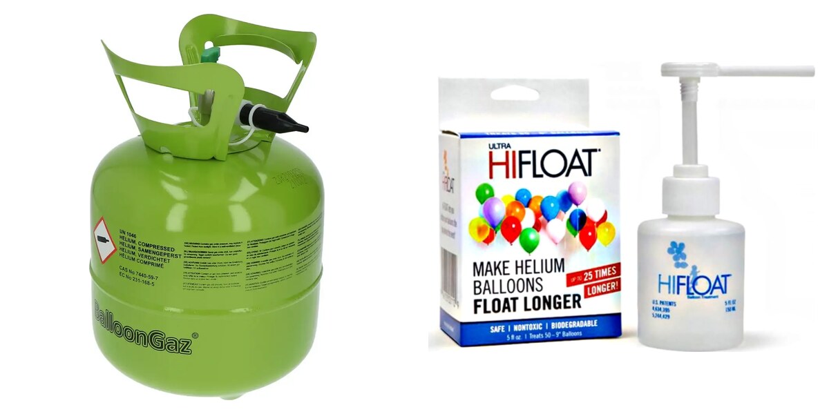 Jednorázová lahev s heliem na balónky a přípravek HI-FLOAT pro delší vznášení