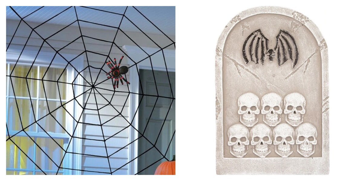 Halloweenská výzdoba vchodu – pavoučí síť a náhrobek s lebkami