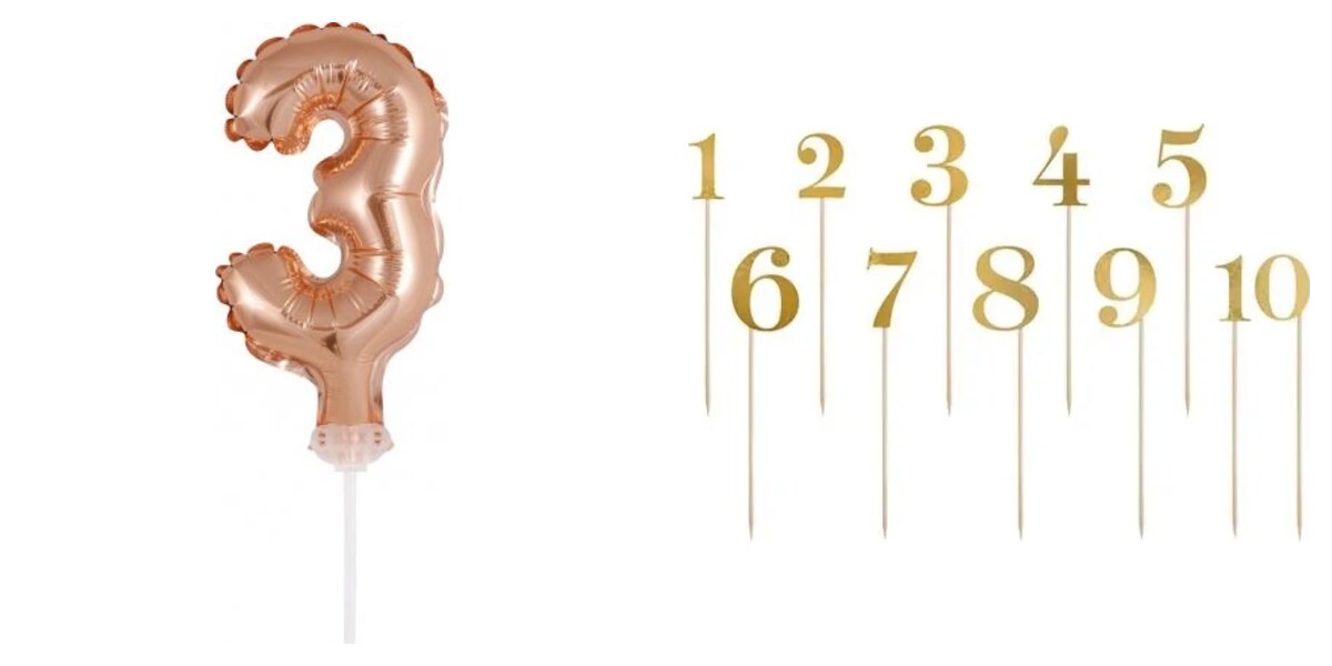 Ozdoby na dort – nafukovací číslice rose gold a zlaté zápichové číslice