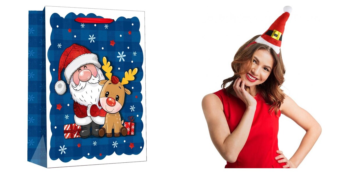 Dárková taška Santa se sobem a vtipná čelenka vánoční čepice jako odměna do soutěže