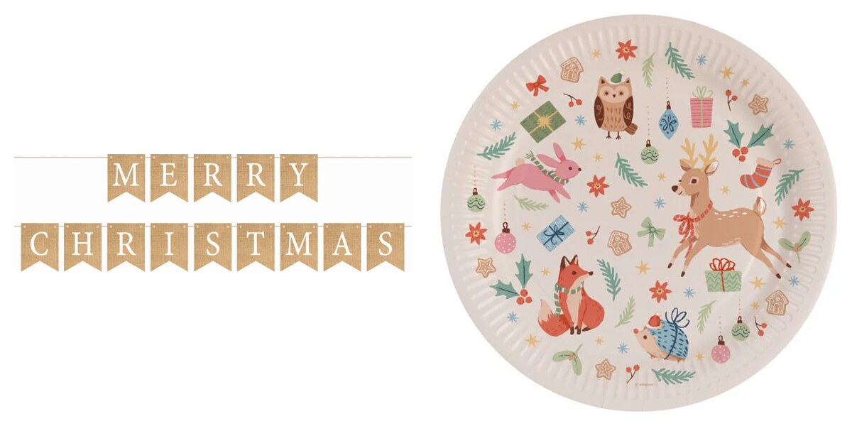 Girlanda s nápisem Merry Christmas a papírové talíře vánoční les na vánoční večírek
