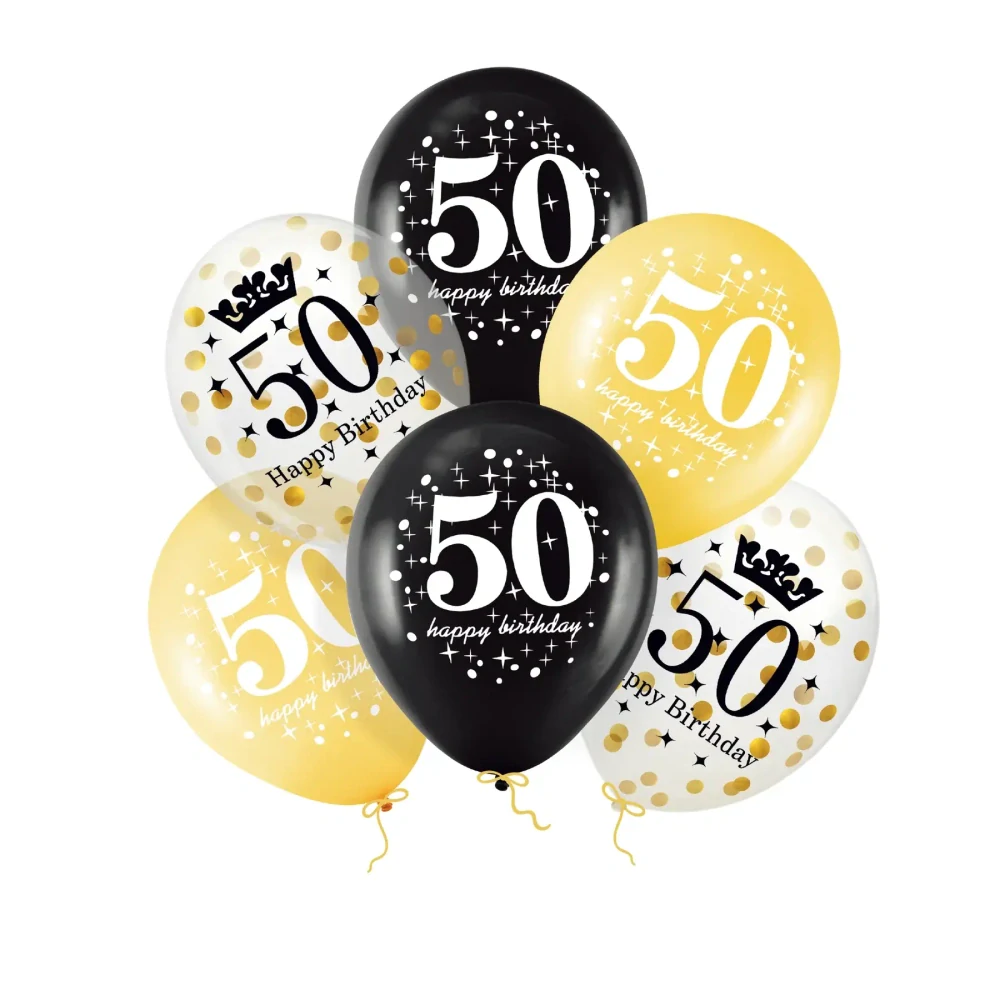 Latexové balonky 50. narozeniny zlato-černé s konfetami 30 cm – 6 ks