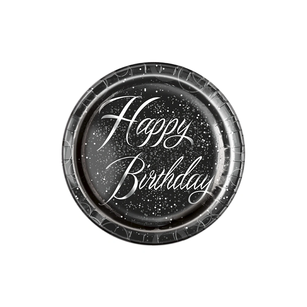Talířky papírové ,,Stříbrné Glitz Happy Birthday"23cm, 8ks