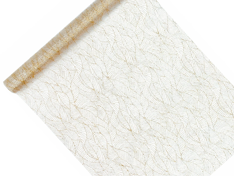 Organza potištěná, zlatý potisk listy 0.48x9m