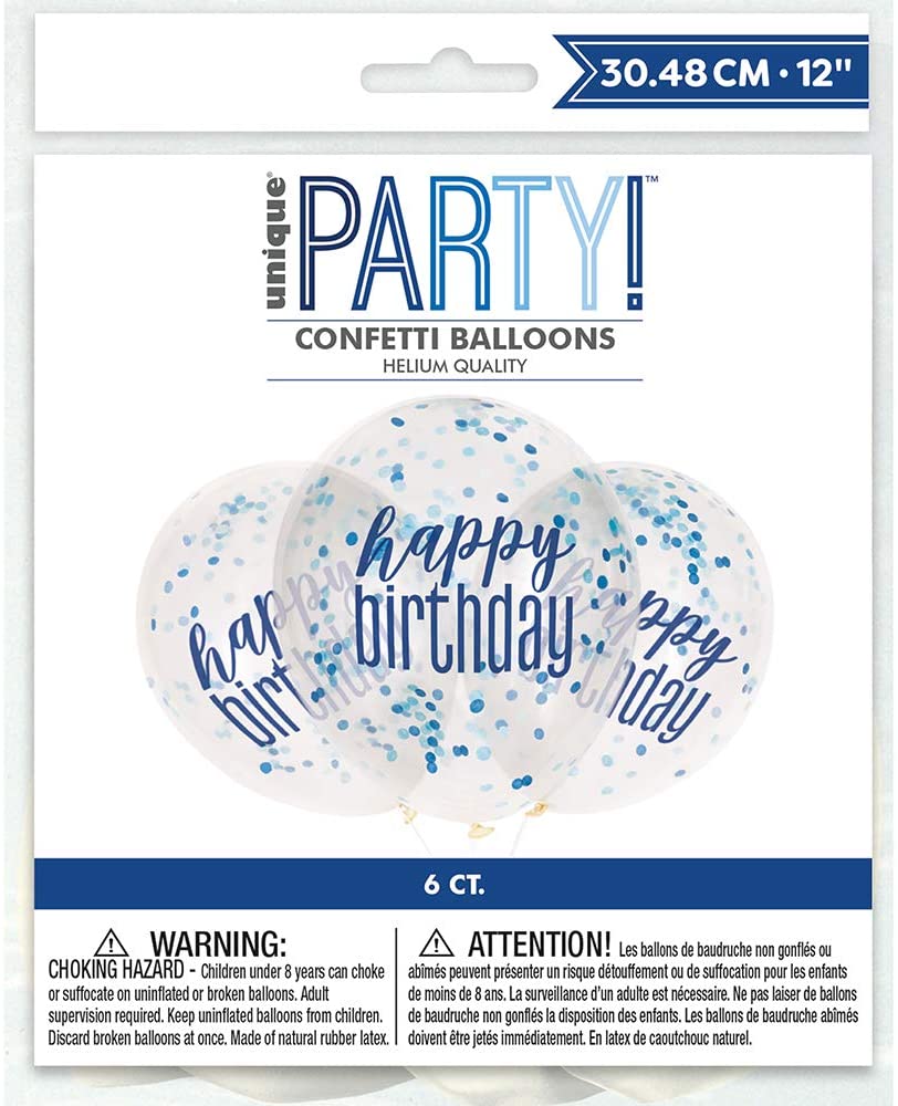 Latexové balonky Happy Birthday průhledné s modro-stříbrným potiskem 30cm 6ks