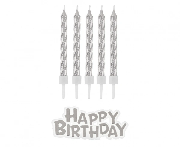 Dortové svíčky stříbrné s držátky a nápis happy birthday 16 ks