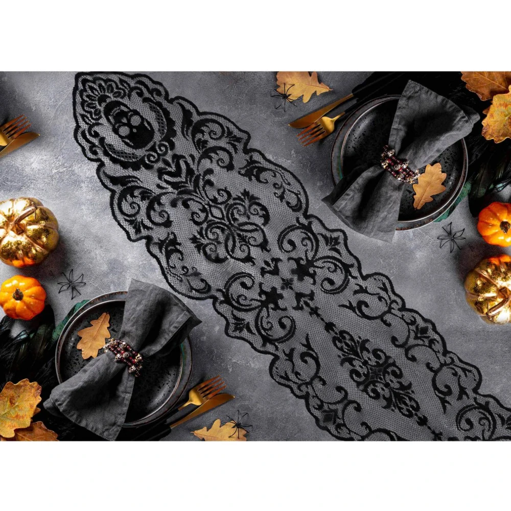 Krajkový běhoun černý Halloween lebky