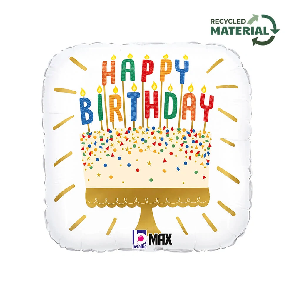 Fóliový balonek čtverec Happy Birthday dort 46 cm