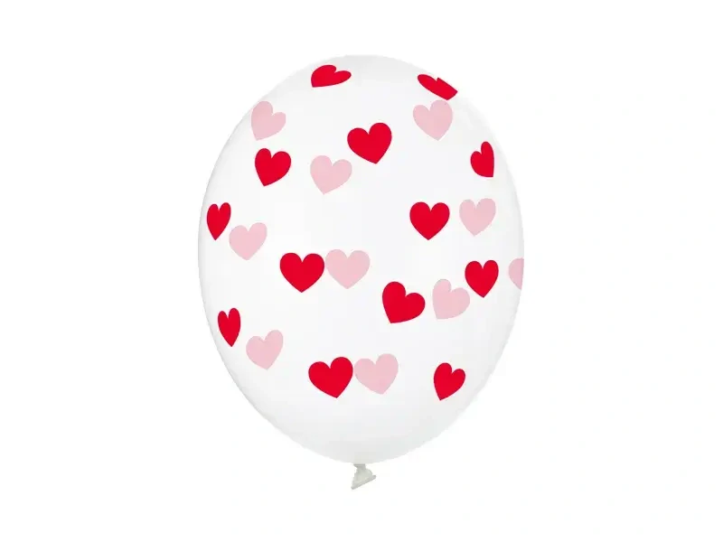 Latexové balonky průhledné s červenými srdíčky 30cm - 6 ks