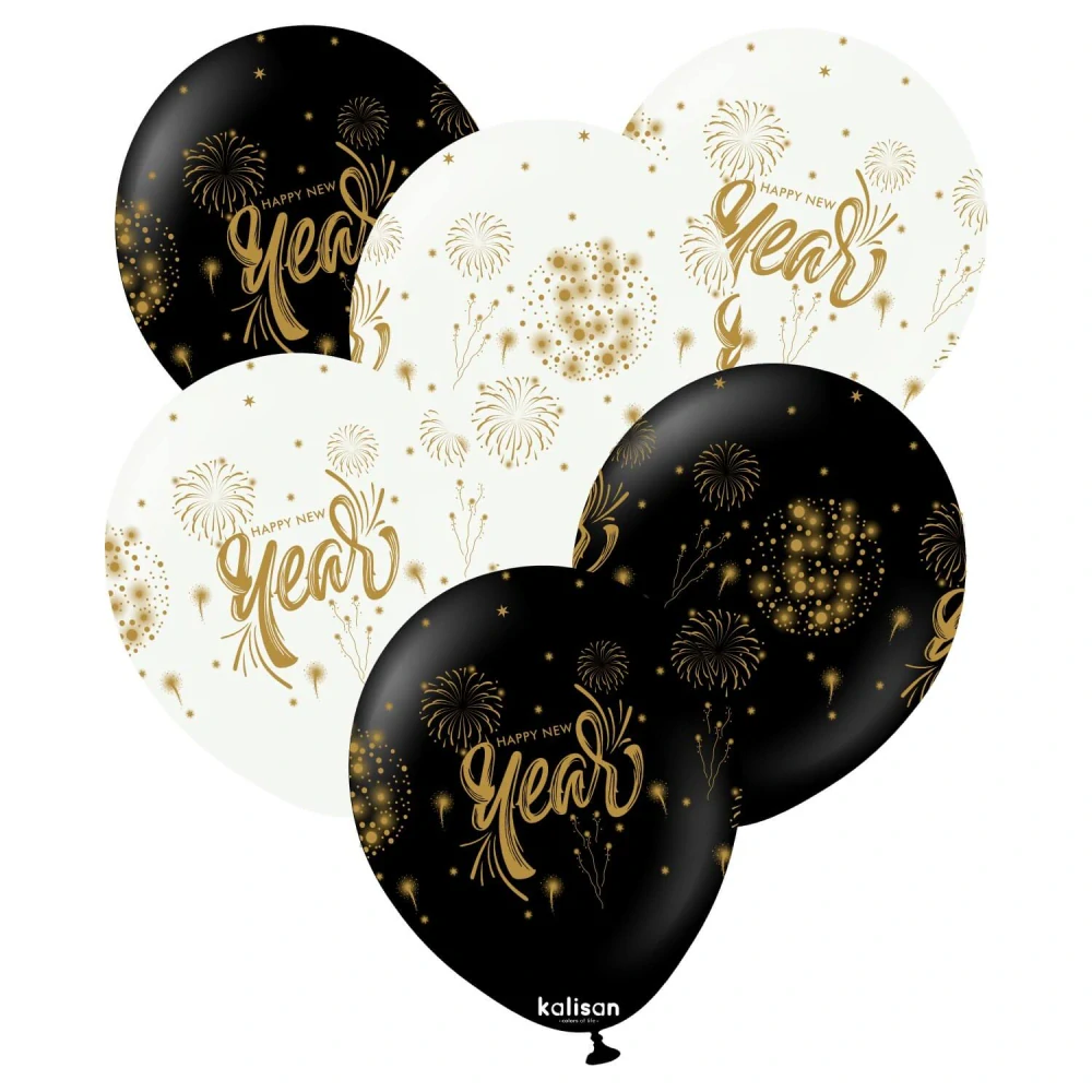 Latexové balonky bílo-černé Happy New Year ohňostroj 30 cm - 6 ks
