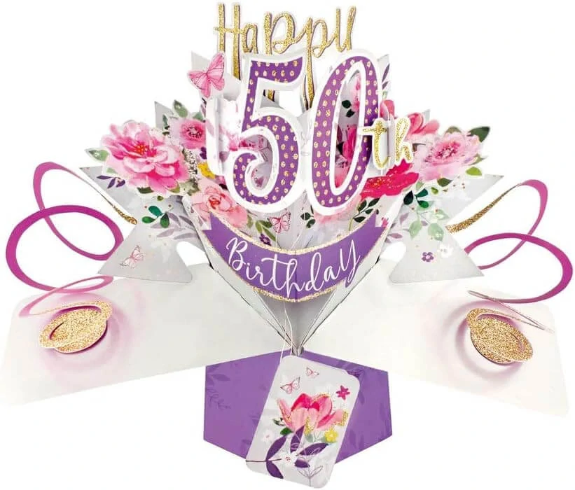 Narozeninové 3D přání Pop Up 50. narozeniny květy