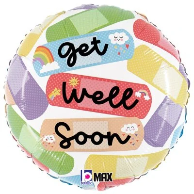 Fóliový balónek kruh Get Well Soon s náplastmi 46 cm
