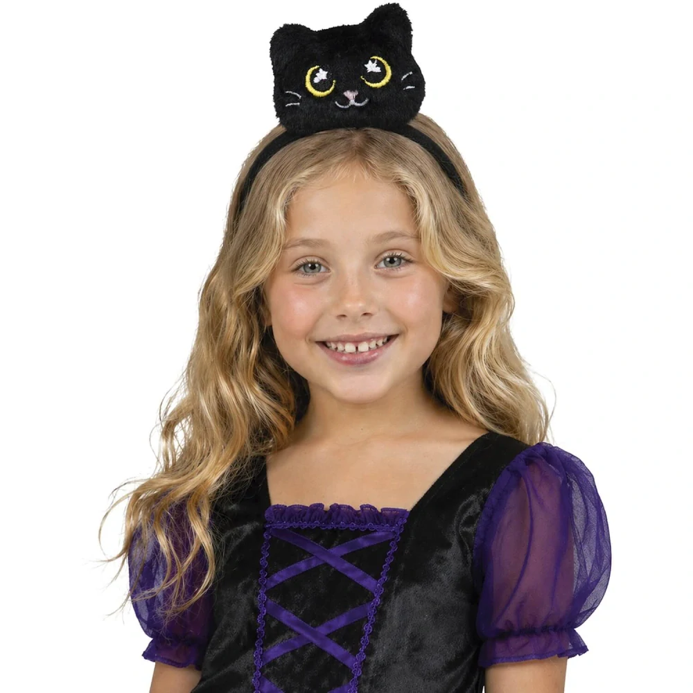 Halloweenská čelenka plyšová černá kočka