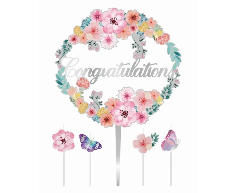 Zápich a svíčky na dort Květiny Congratulation 5 ks