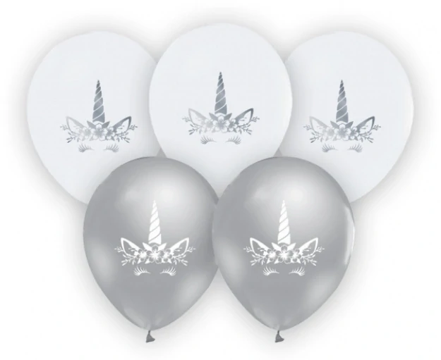 Latexové balonky stříbrná - bílá Jednorožec 30 cm - 5 ks