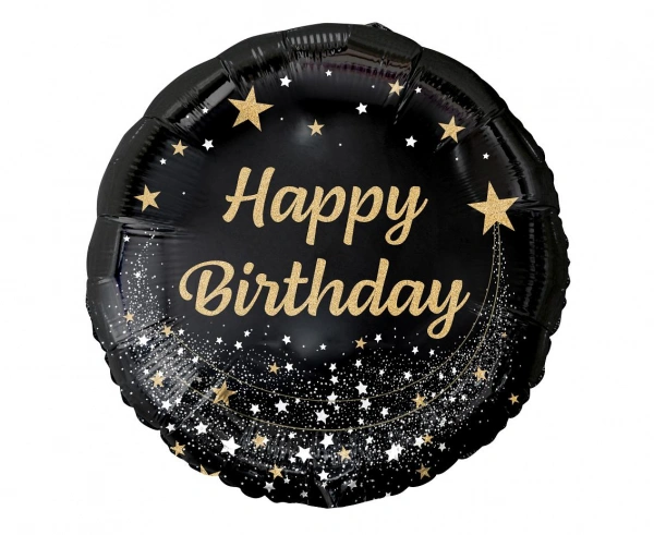 Foliový balonek kulatý černý Happy Birthday - hvězdy 45 cm