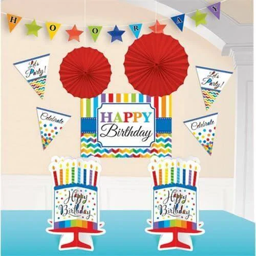 Dekorační sada Happy Birthday - Barevné vlnky a proužky10 ks