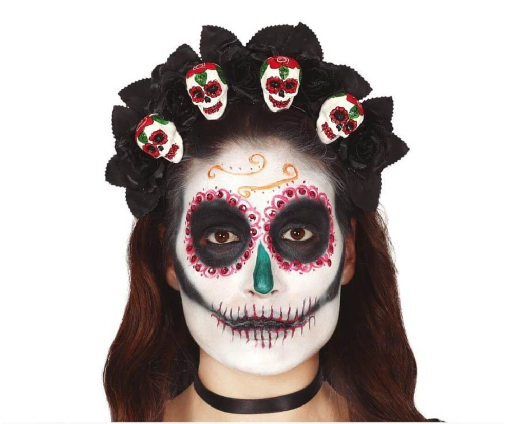 Čelenka na Halloween černé růže a lebky Día de los Muertos