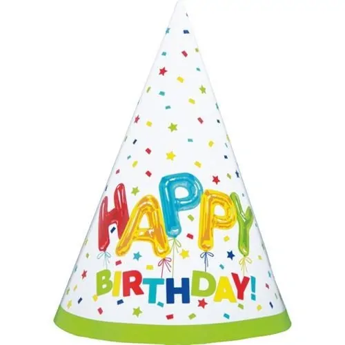 Papírové čepičky konfetové Happy Birthday 8 ks