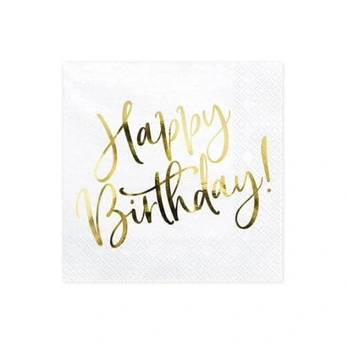 Papírové ubrousky bílé se zlatým Happy Birthday 20 ks