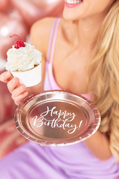 Papírové talířky metalické rose gold - Happy Birthday 6 ks