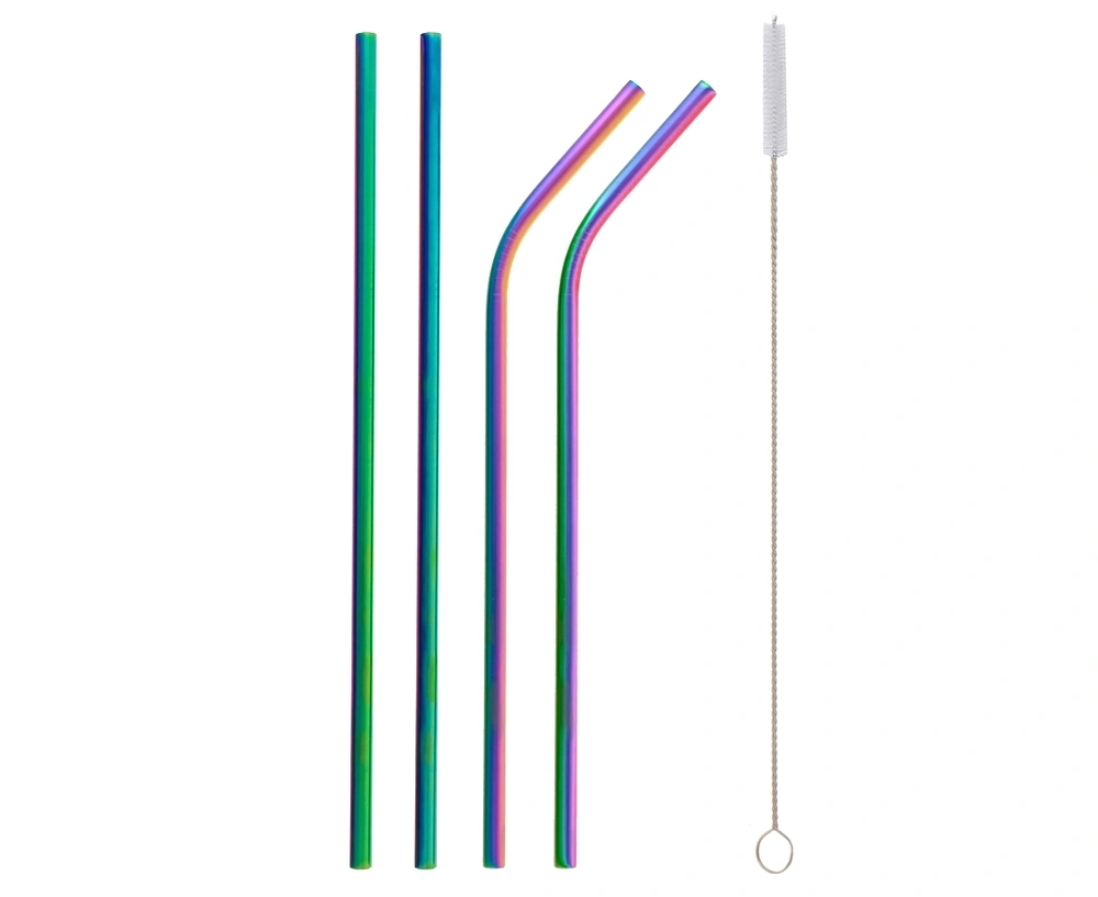 Brčka z nerezové oceli, barevná (2 x rovné brčko, 2x zahnuté brčko + čistící kartáček)
