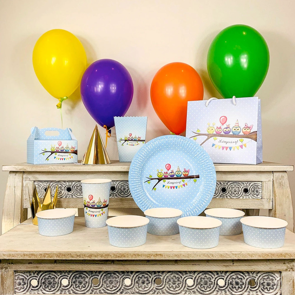 Party papírový talíř (8ks) - Sovy na větvi modré