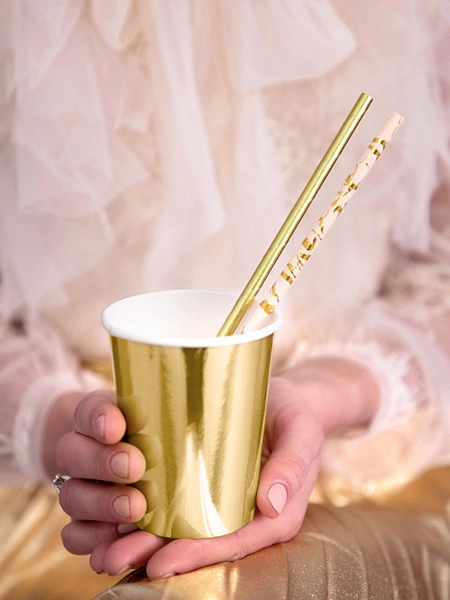 Papírová brčka růžová - zlaté ornamenty 10 ks