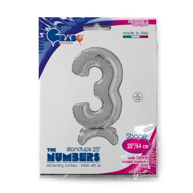 Fóliová číslice stojící - stříbrná 3 - 64 cm