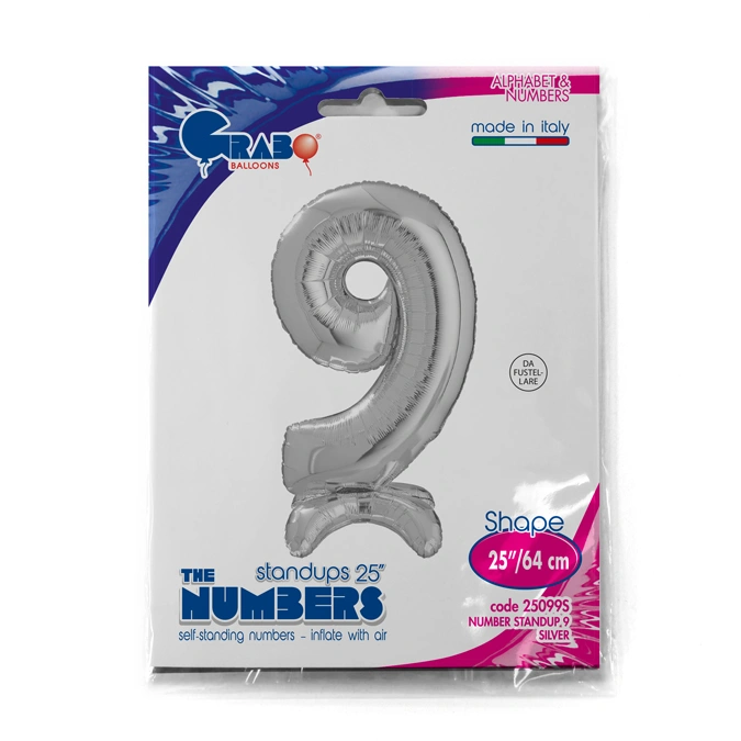 Fóliová číslice stojící - stříbrná 9 - 64 cm