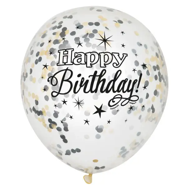 Latexové balonky Happy Birthday průhledné černo-zlaté s konfetami 30 cm 6 ks