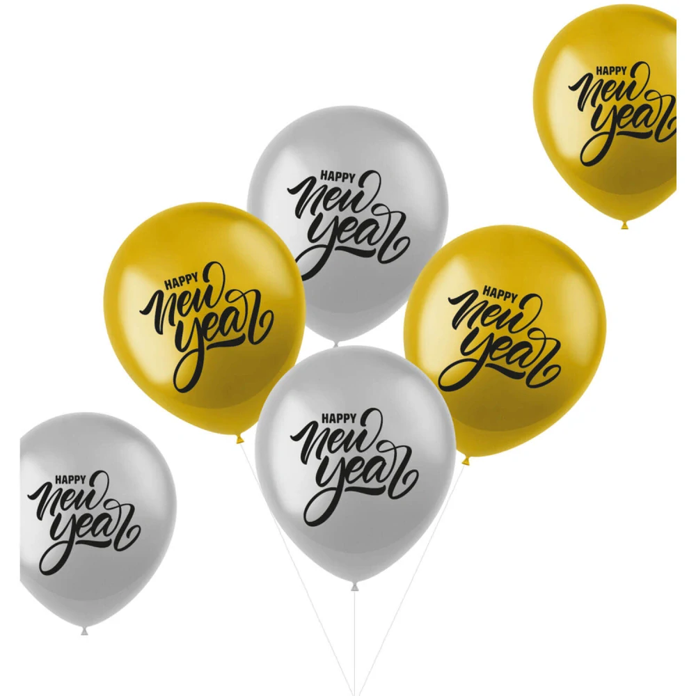 Latexové balonky stříbrno-zlaté Happy New Year 33 cm - 6 ks