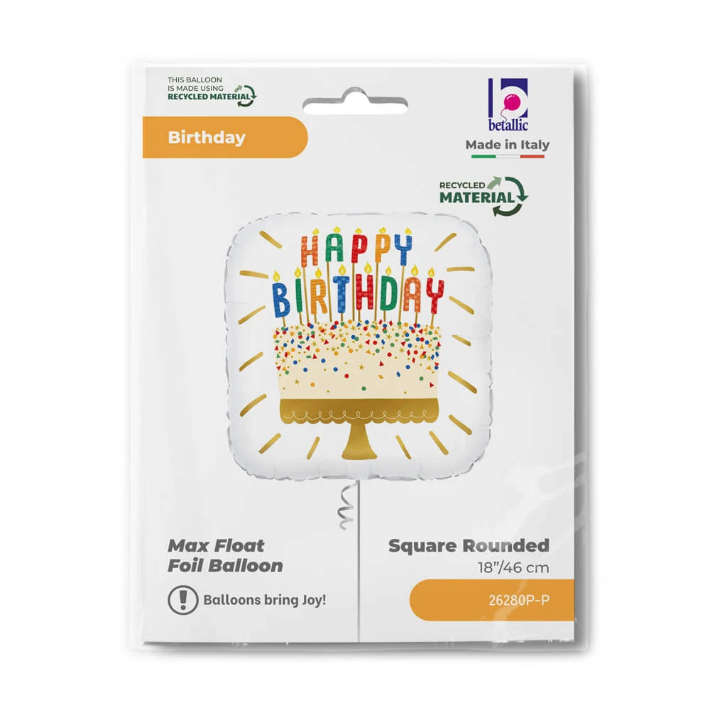 Fóliový balonek čtverec Happy Birthday dort 46 cm