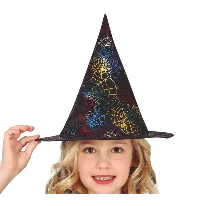Čarodějnický klobouk s holografickou barevnou pavučinou