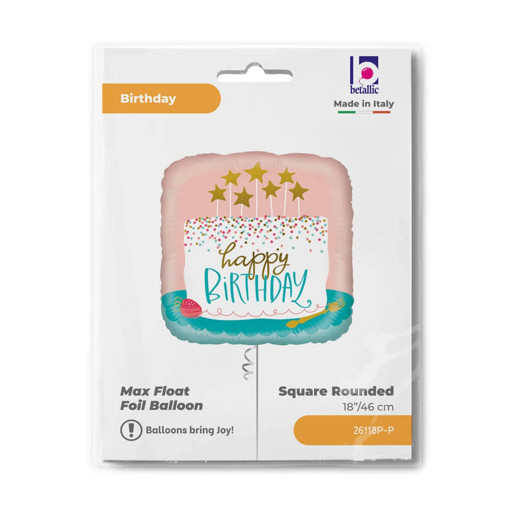 Fóliový balonek čtverec Happy Birthday dort růžový 46 cm