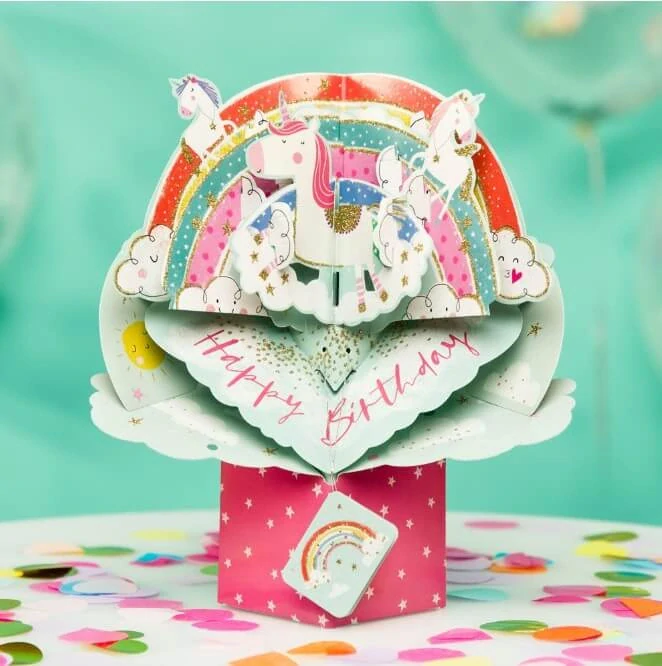 Narozeninové 3D přání Pop Up jednorožci s duhou