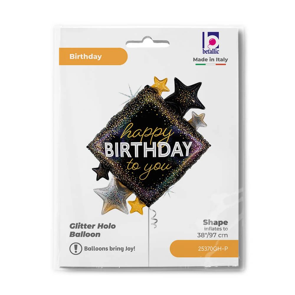 Foliový balonek Happy Birthday to You černý hvězdy 97 cm