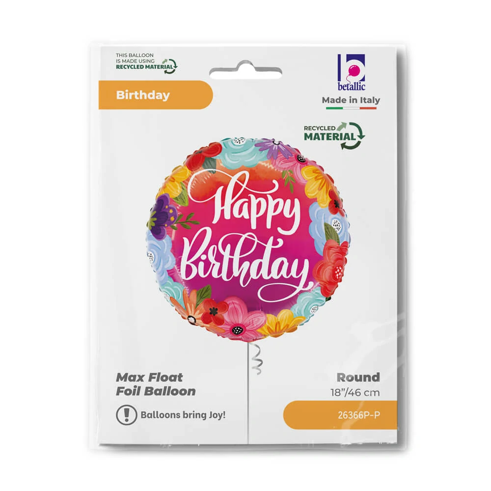 Fóliový balonek kruh Happy Birthday květiny 46 cm
