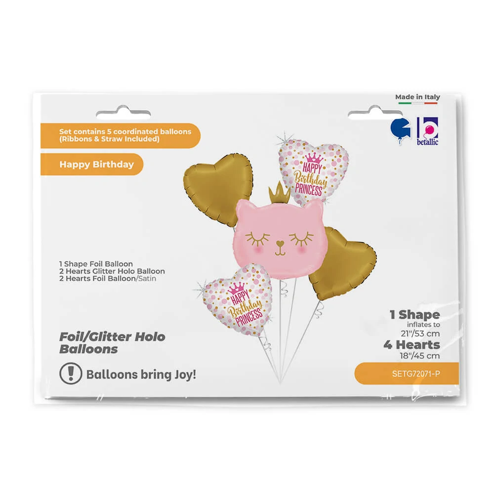 Sada fóliových balonků Kočka Happy Birthday Princess 5 ks