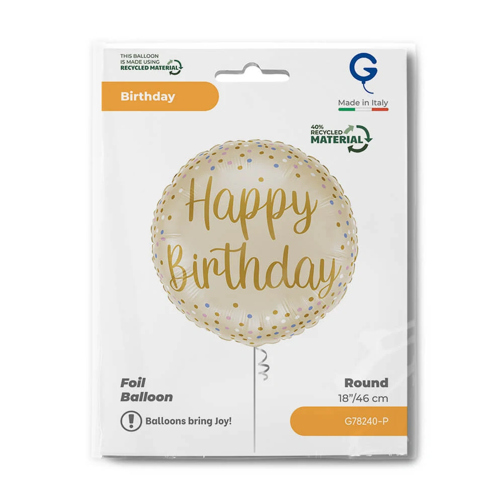 Fóliový balonek Happy Birthday béžový s konfetami 46 cm