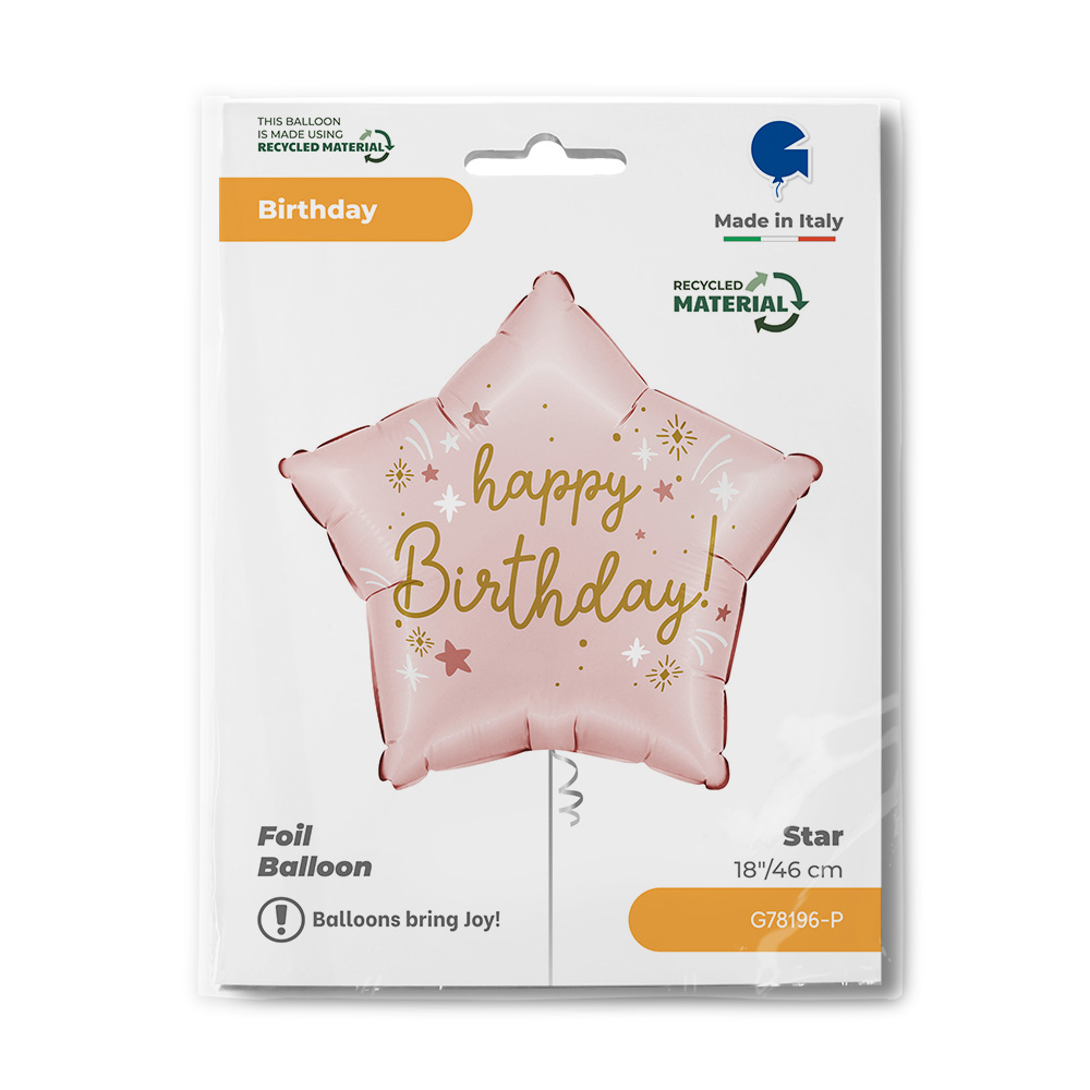 Fóliový balónek hvězda růžová Happy Birthday 46 cm