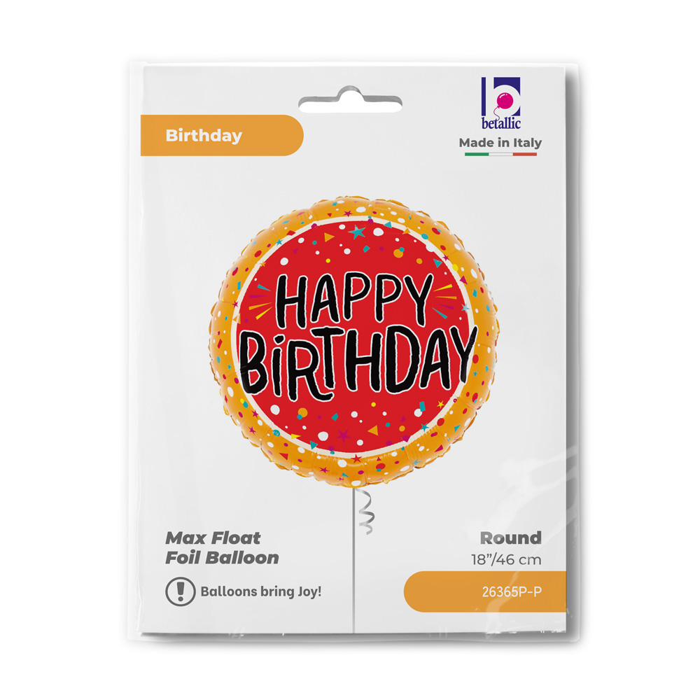 Fóliový balónek Happy Birthday kruh červený s konfety 46 cm