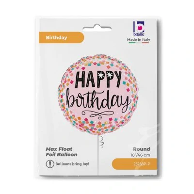 Fóliový balónek kruh Happy Birthday růžový s konfetami 46 cm