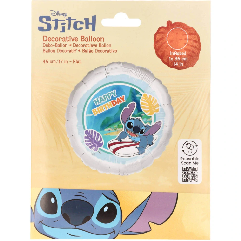 Fóliový balonek Stitch Surfer Happy Birthday kruh 45 cm