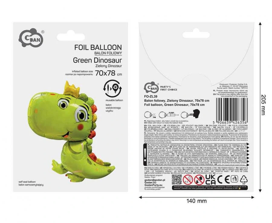 Fóliový balonek Zelený dinosaurus 70 × 78 cm