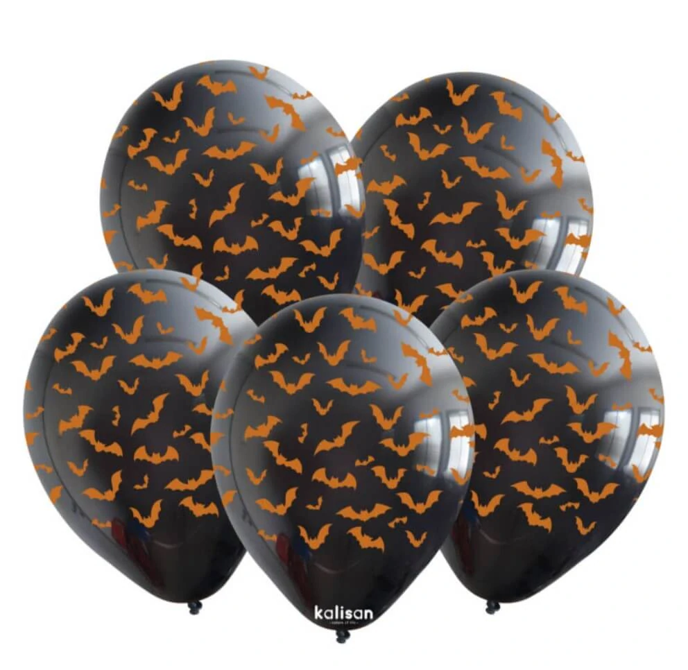 Latexové balonky černé s oranžovými netopýry 30 cm – 25 ks
