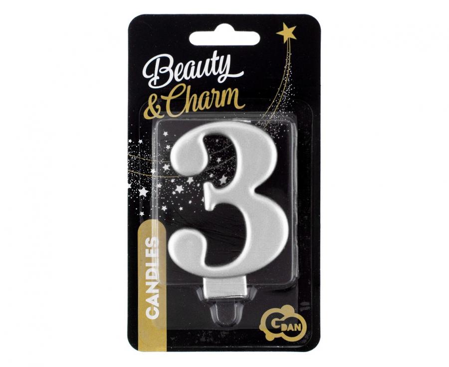 Svíčka narozeninová číslice 3 metalická stříbrná