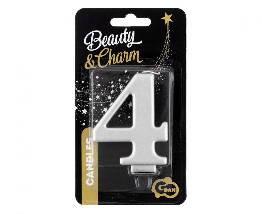 Svíčka narozeninová číslice 4 metalická stříbrná