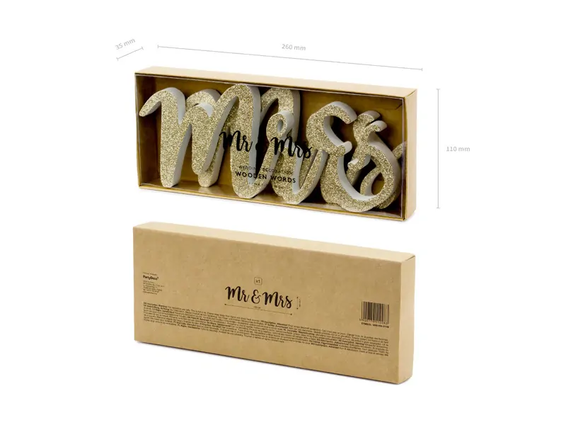 Dekorace dřevěná Mr Mrs - zlatá 50 x 10 cm - 3 ks